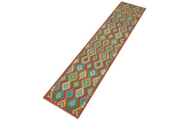 Flat Weave Kilim, Antique, Navaho, Vintage, Handmade, Geometric Kilim Rust Blue Hand-Woven Runner 100% Wool Area Rug 3 x 13